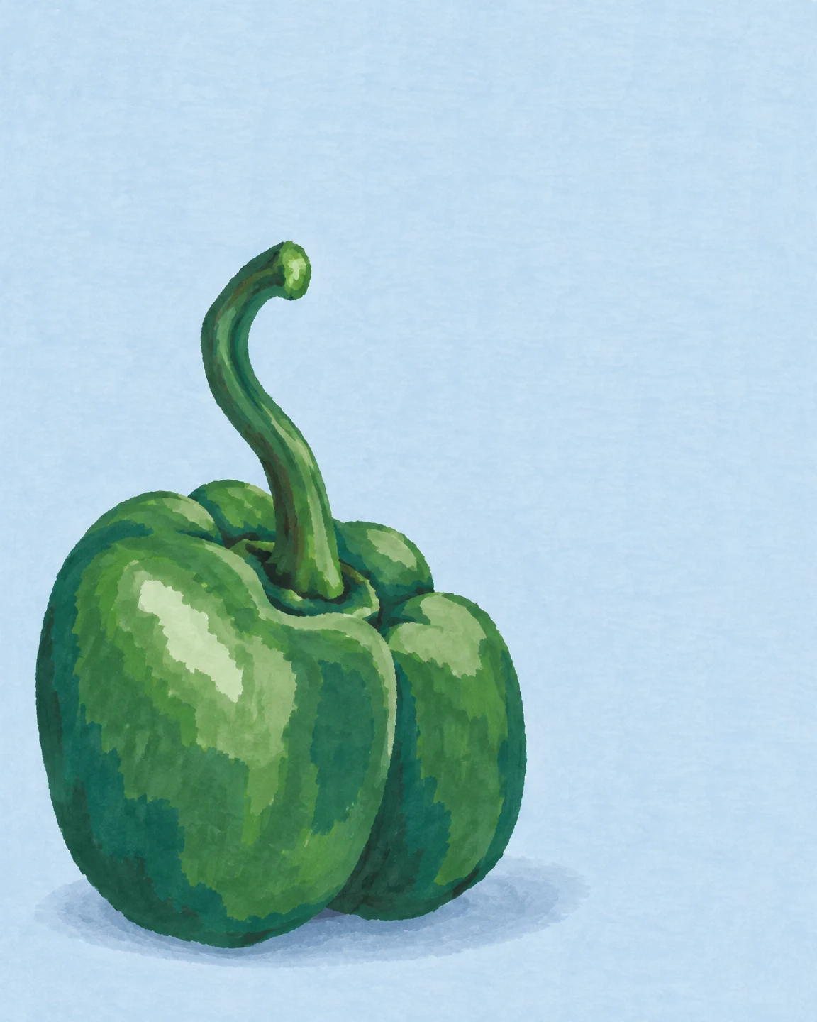 A large green bell pepper with a long curling stem sits in the lower-left of a pale icy-blue background, rendered in layered green strokes with a soft shadow…