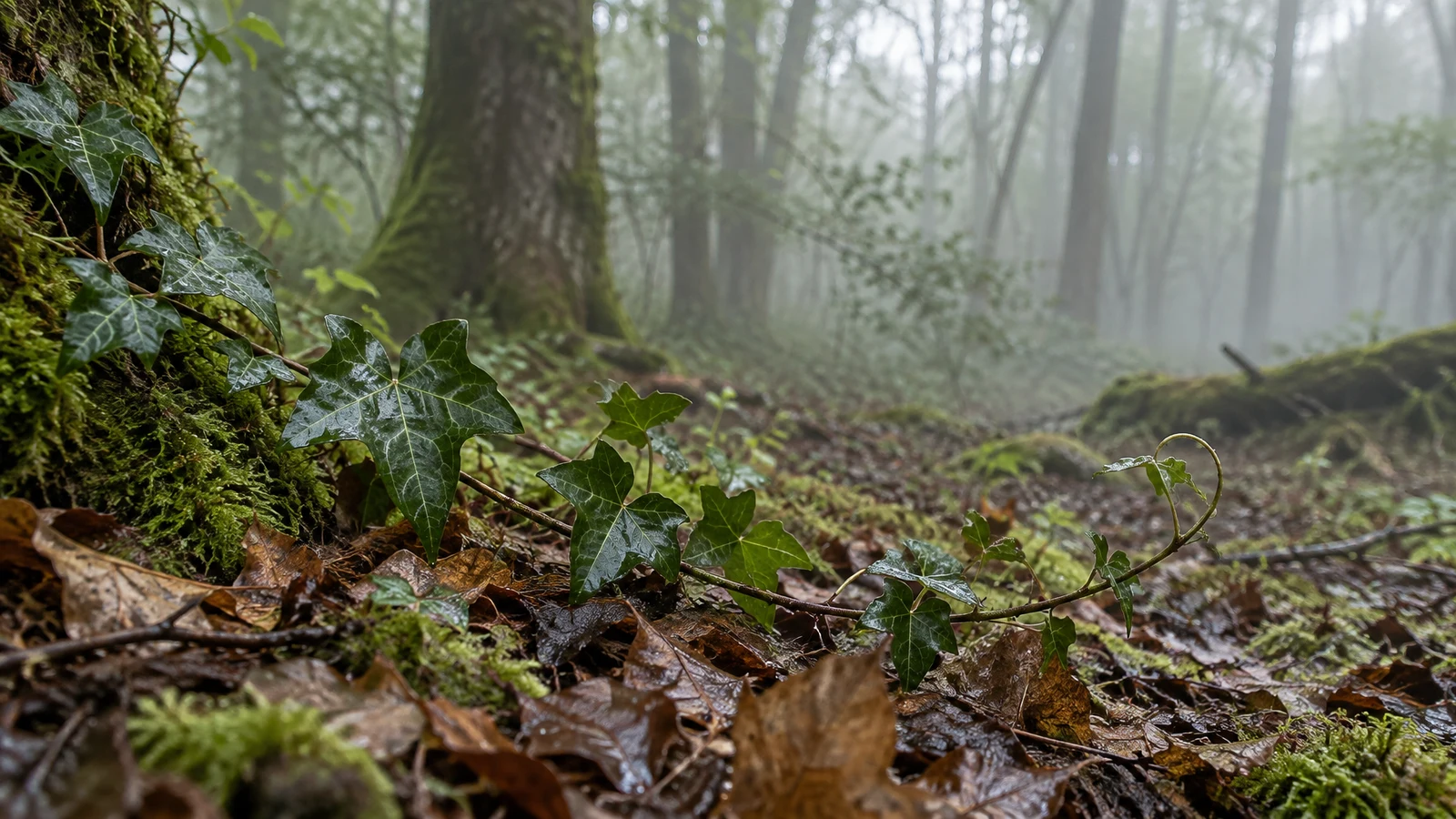 A trailing ivy stem with glossy, pale-veined leaves crosses damp brown leaf litter and moss on a woodland floor, with blurred tree trunks and misty green-grey…