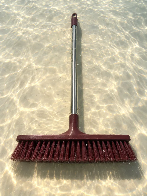 A burgundy push broom lies submerged on a pale floor, viewed from above, with its metal handle extending toward the top of the frame.