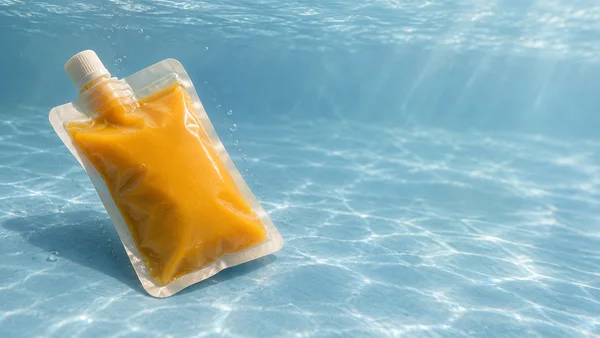 A clear flexible pouch filled with golden-orange puree rests diagonally on a rippled blue underwater floor, with its ribbed ivory cap pointing toward the upper…