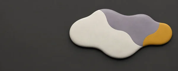 A three-colour, scalloped abstract form with bone-white, smoky lavender and saffron regions floats over a warm-charcoal background, with open space to the left.