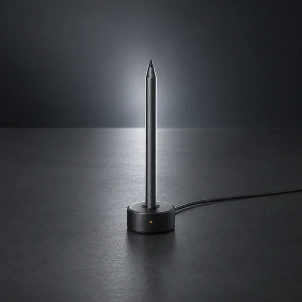 A slender gunmetal stylus stands upright in a round satin-black charging dock on a dark charcoal surface, with a small amber indicator lit and a cable…