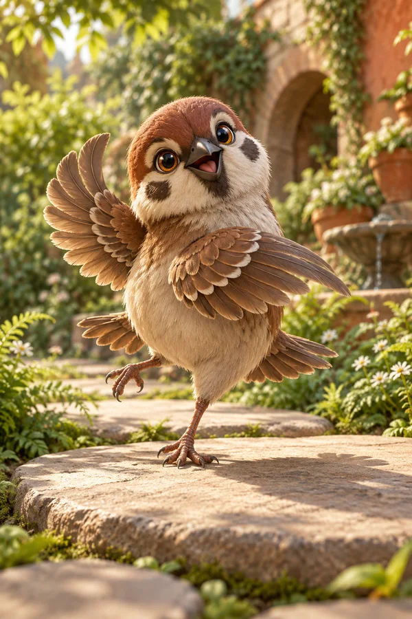 A wide-eyed, copper-brown sparrow balances on one foot atop a sandstone stepping stone in a sunlit courtyard garden, with its wings spread and layered foliage…