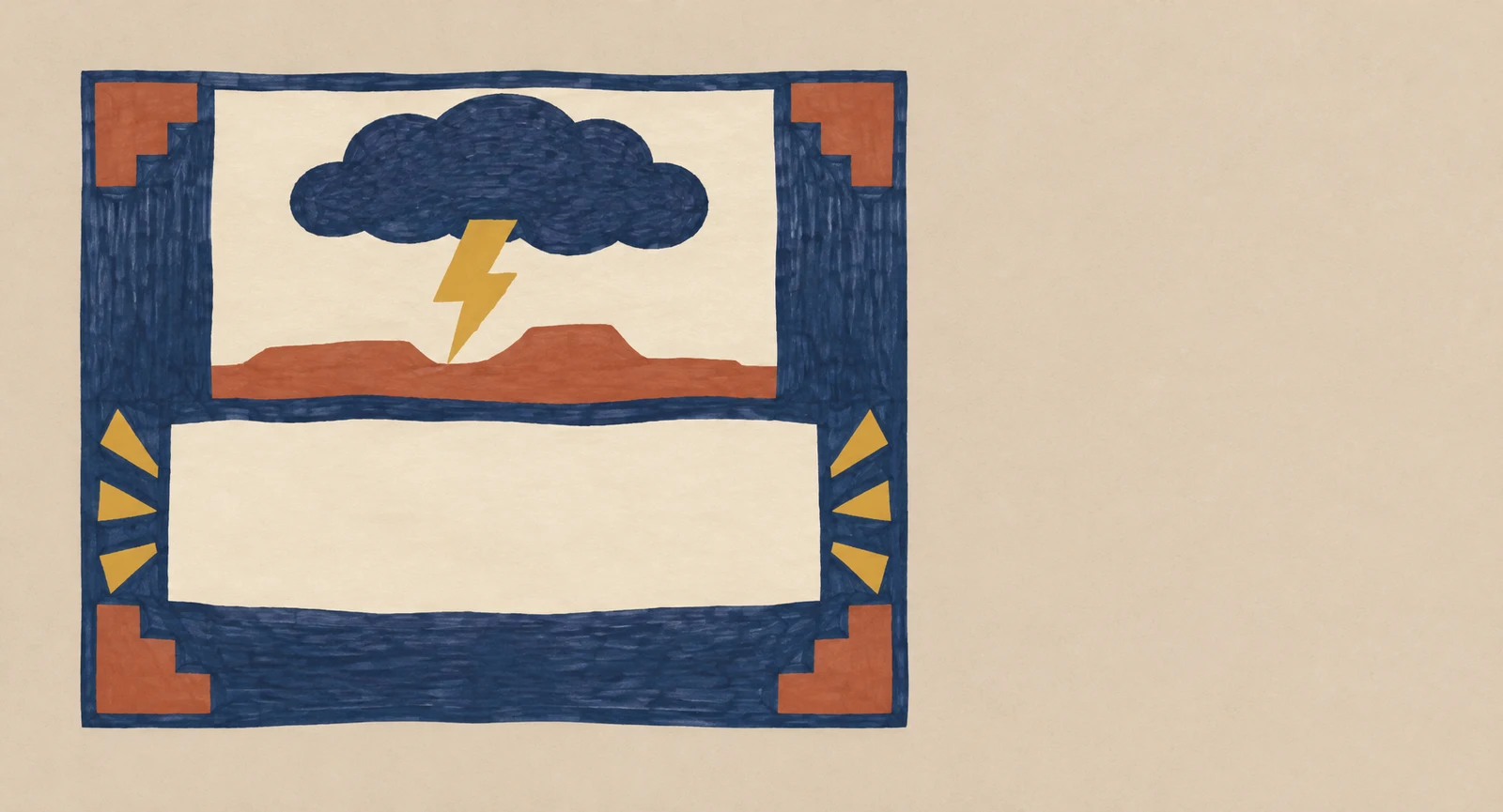 A hand-drawn storyboard panel on a warm oatmeal background has a dark indigo frame with terracotta stepped corner patches.
