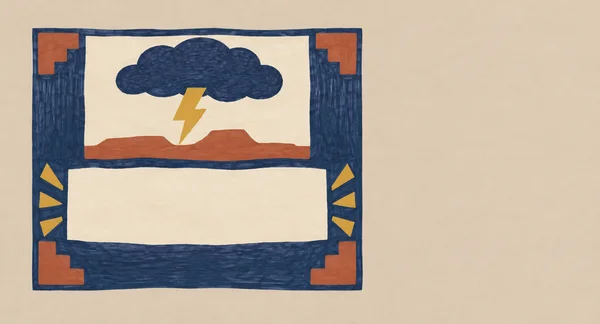A hand-drawn storyboard panel on a warm oatmeal background has a dark indigo frame with terracotta stepped corner patches.