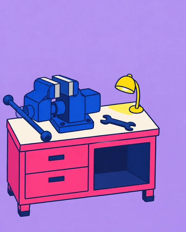 A hot-pink cabinet with drawers and an open cubby supports a large blue bench vise, a navy wrench and a yellow-shaded lamp against a lavender background.