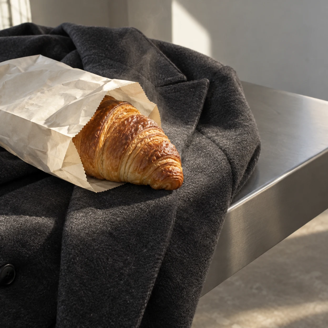 A golden croissant protrudes from a crumpled cream paper bag resting on a dark charcoal coat draped over a steel bench, lit by a diagonal beam of daylight.