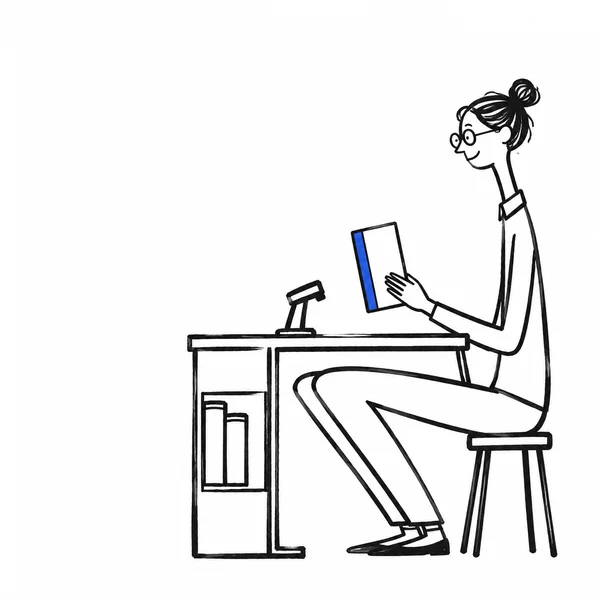 A bespectacled woman with her hair in a bun sits on a stool behind a desk, holding a blue-spined book; two books sit in a cubby, and a small device rests on…