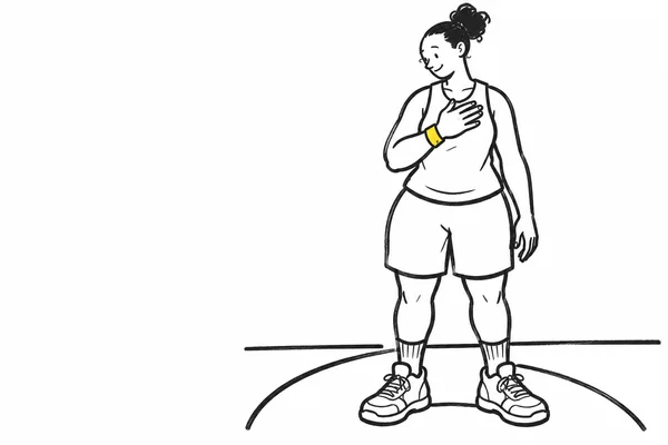A hand-drawn athlete stands on a sketched court, looking down with a small smile and one hand over her chest; she wears a plain shirt, shorts, oversized…