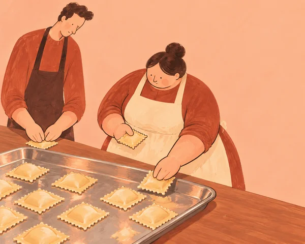 A hand-drawn storybook illustration shows two adults making square ravioli at a kitchen table.