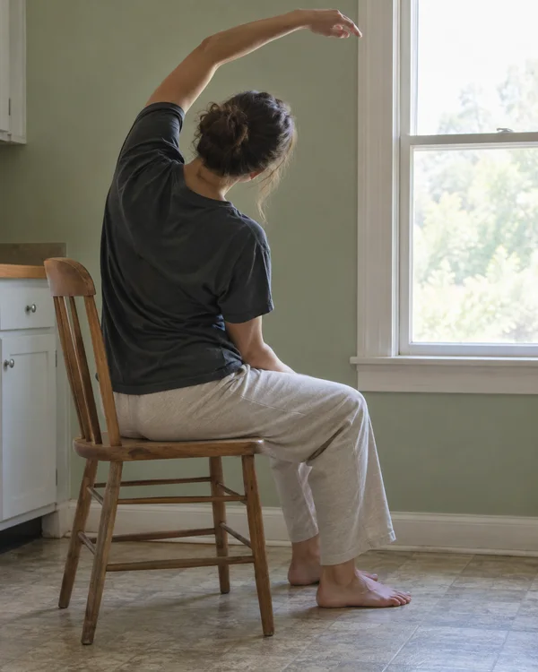 A person in a charcoal T-shirt and light trousers sits sideways on a wooden chair in a kitchen, bending beneath a raised arm beside a bright window, with bare…