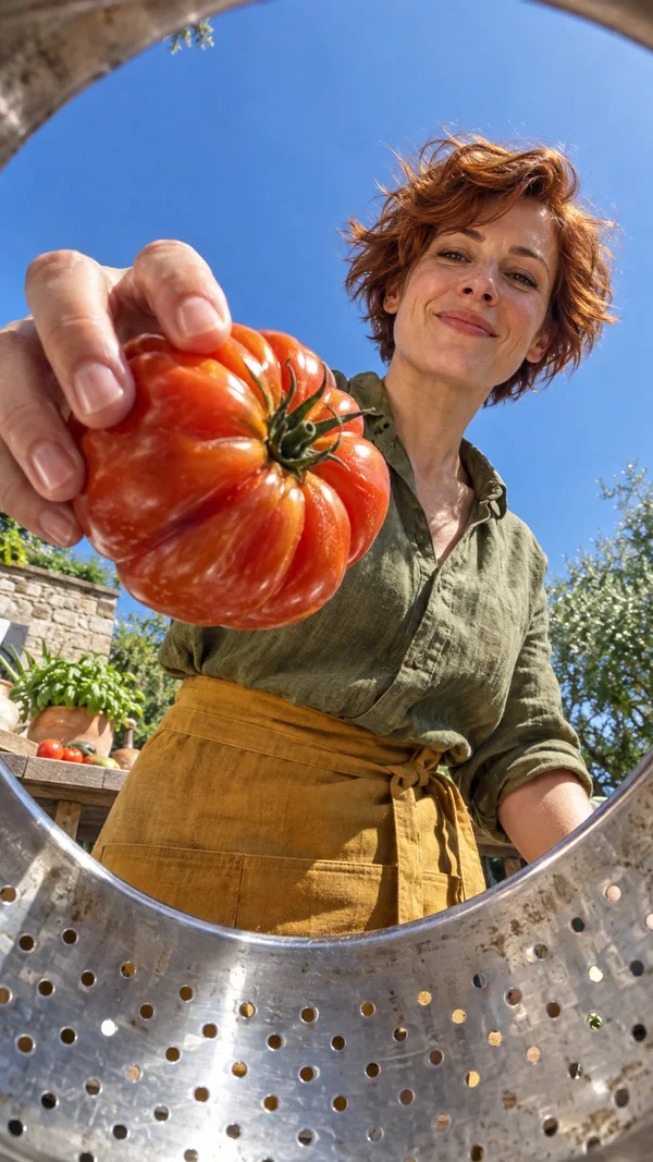 A short-haired woman in an olive shirt and ochre apron leans over a perforated metal colander, holding a large red-orange heirloom tomato toward the camera…