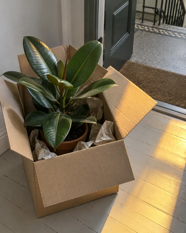 A leafy rubber plant in a terracotta pot sits among crumpled packing paper inside an open cardboard box on a pale plank floor by an open dark painted door.