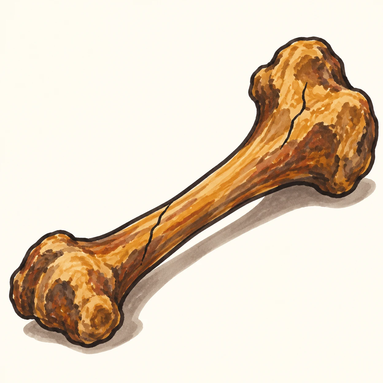 A large ochre and rusty-brown fossilized leg bone runs diagonally across an ivory background, with dark uneven outlines, two visible cracks and a soft shadow…