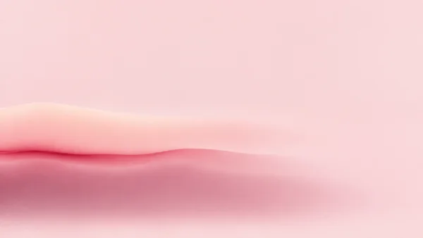 A soft rose and blush gradient with broad, gently undulating horizontal color layers across the lower half and a thin darker crimson line near the left side…