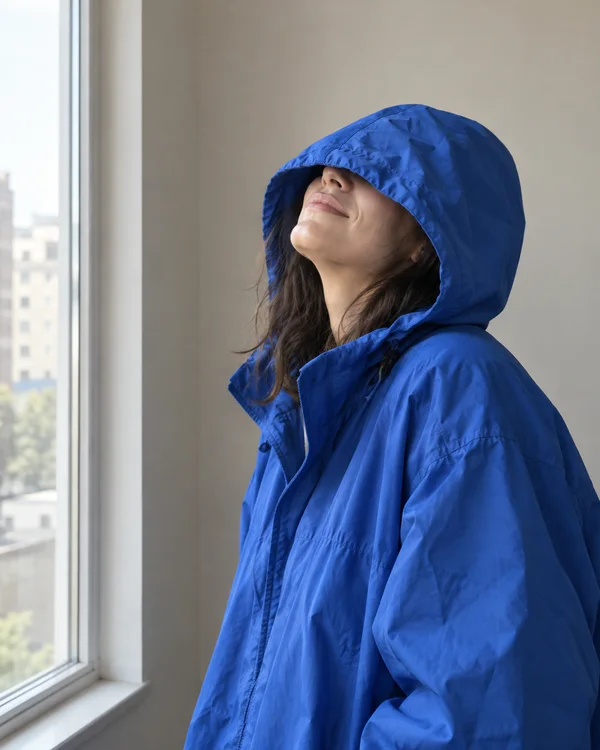 A person in an oversized cobalt-blue hooded windbreaker stands beside a large apartment window, tipping their head back beneath the hood with a faint smile.