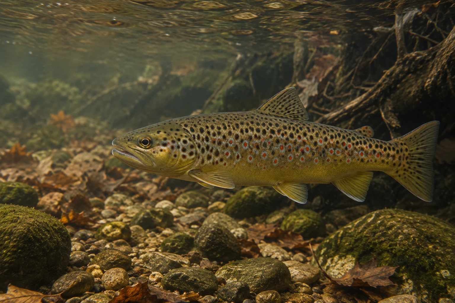 A brown trout in side profile faces left above a gravel-and-stone stream bed, with red and dark spots along its olive-gold body, fallen leaves, and tangled…