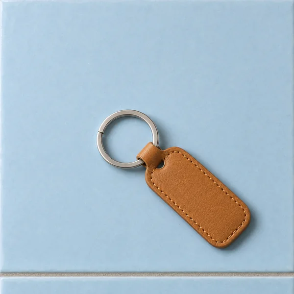 A brushed silver split ring is attached to a honey-brown stitched leather key fob, lying diagonally on a pale blue tile above a horizontal grout seam.