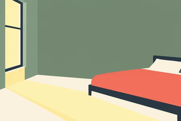 A low coral-covered bed with a dark frame and ivory pillow sits against a sage wall in a spare bedroom.