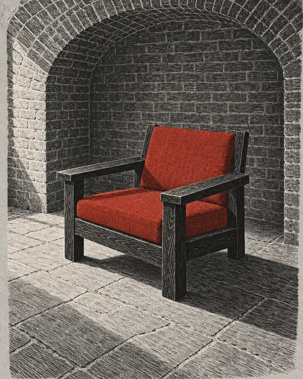 A low, angular dark-wood armchair with vermilion cushions sits on a stone-tiled floor inside a brick-vaulted alcove, rendered in a charcoal-and-pale-grey…