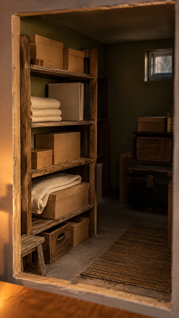 An oblique view into a miniature storage room model shows a worn wooden shelving unit stacked with kraft boxes and folded cream linens, with a shadowed aisle…