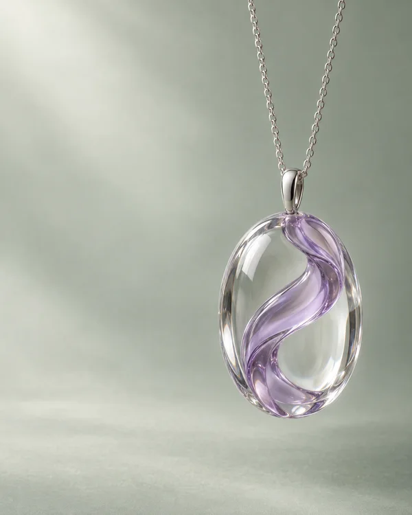A polished transparent oval pendant with a curved lilac glass inclusion hangs from a silver-tone chain against a pale sage background, positioned right of…
