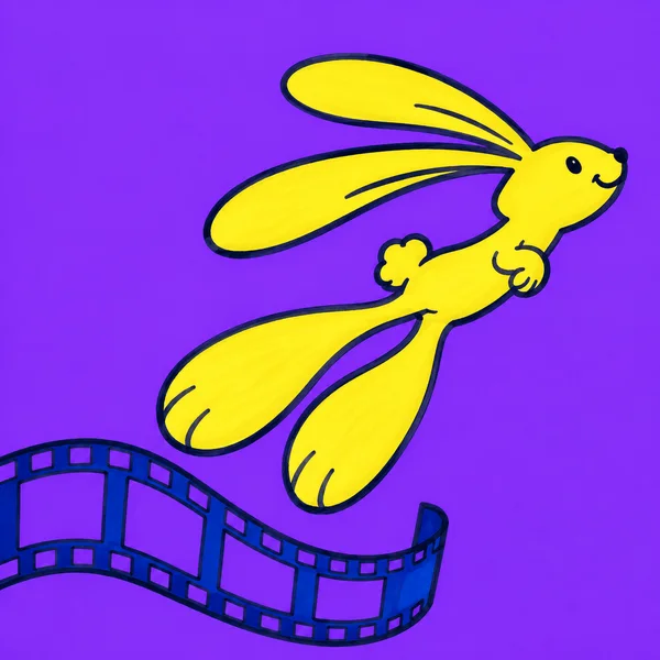 A lemon-yellow cartoon rabbit with long ears and oversized feet leaps diagonally above a curling cobalt-blue film strip on a vivid violet background.
