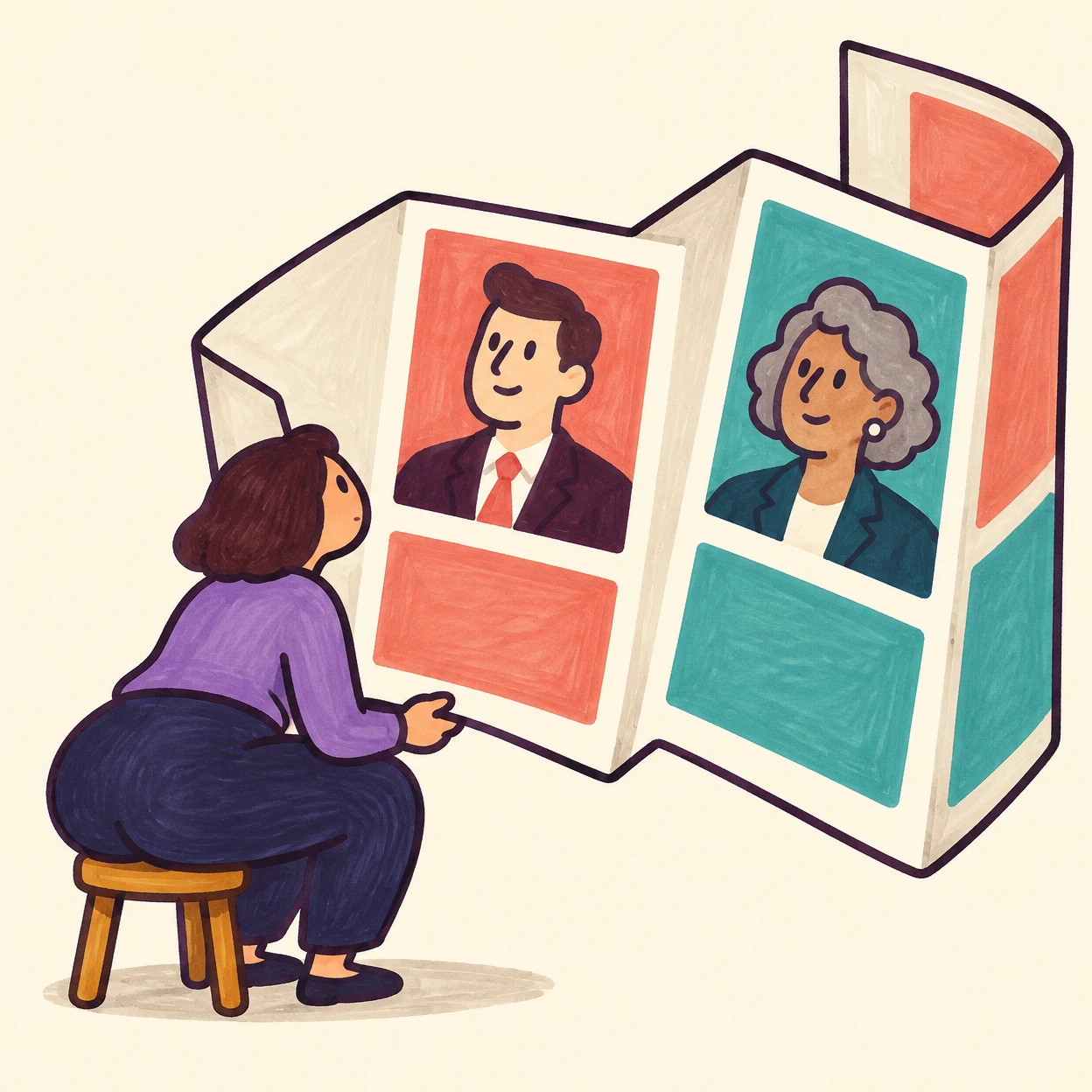 A seated adult reads an oversized accordion-fold leaflet showing two illustrated candidate portraits and coral and teal panels, against a warm ivory background.