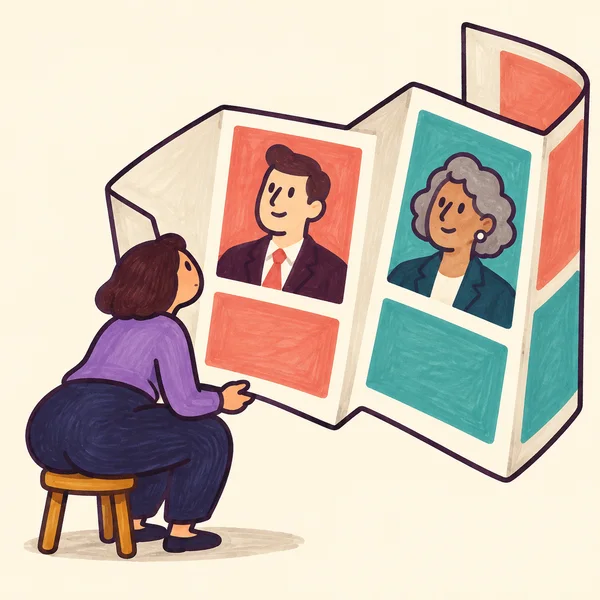 A seated adult reads an oversized accordion-fold leaflet showing two illustrated candidate portraits and coral and teal panels, against a warm ivory background.