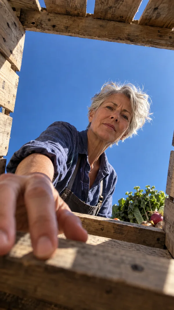 An older woman with tousled silver hair leans over a weathered wooden crate, reaching toward the camera.