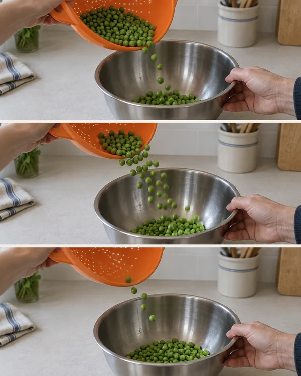 Three stacked kitchen-counter frames show an orange colander tipping green peas into a stainless-steel bowl, with one cropped hand holding the colander and…