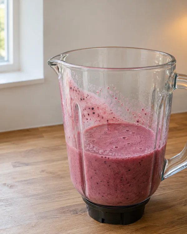 A clear blender jug filled with pink berry smoothie sits on a wooden kitchen counter, with a broad streak of smoothie clinging to the inner wall above the…