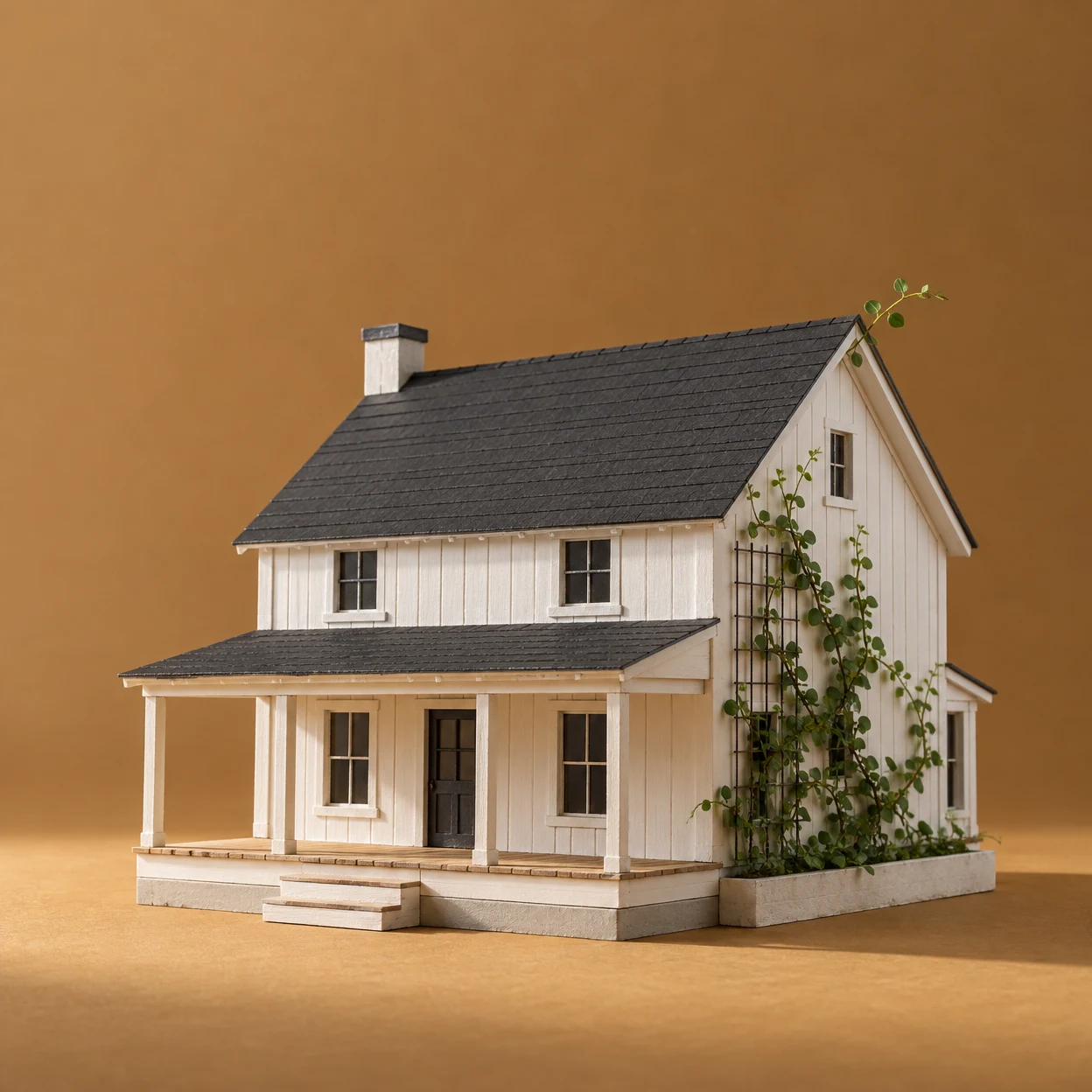 A handmade miniature white farmhouse with a charcoal pitched roof and covered porch sits on an ochre studio floor against a matching plain backdrop.
