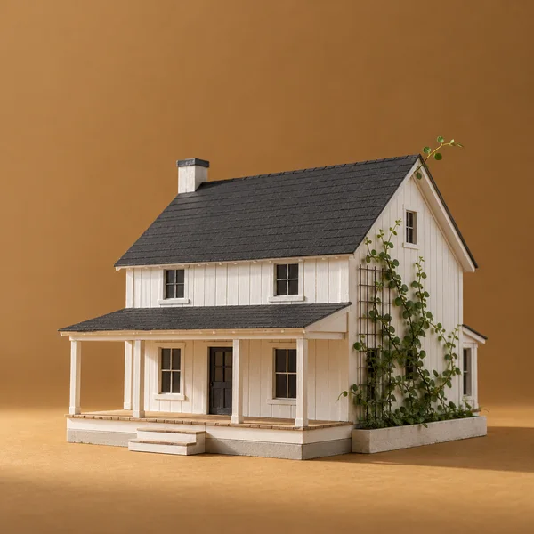 A handmade miniature white farmhouse with a charcoal pitched roof and covered porch sits on an ochre studio floor against a matching plain backdrop.