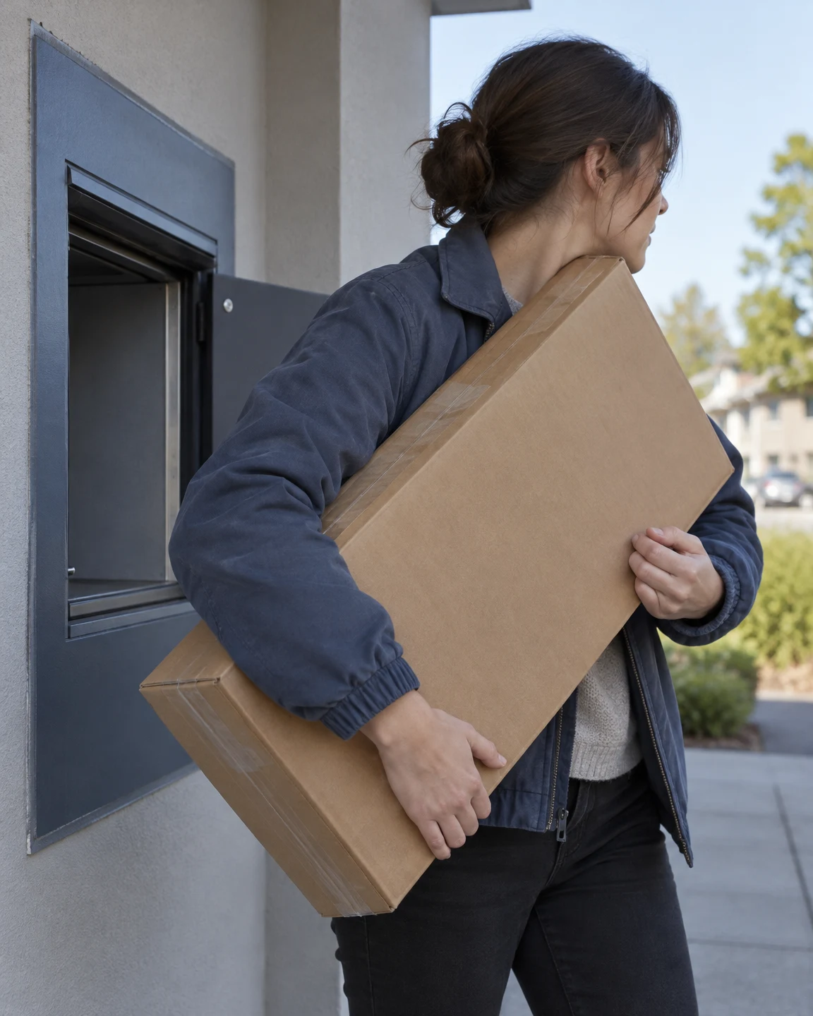 A person in a faded blue jacket carries a large taped cardboard parcel away from an open neighbourhood pickup hatch, holding it diagonally against their chest…