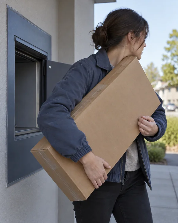 A person in a faded blue jacket carries a large taped cardboard parcel away from an open neighbourhood pickup hatch, holding it diagonally against their chest…