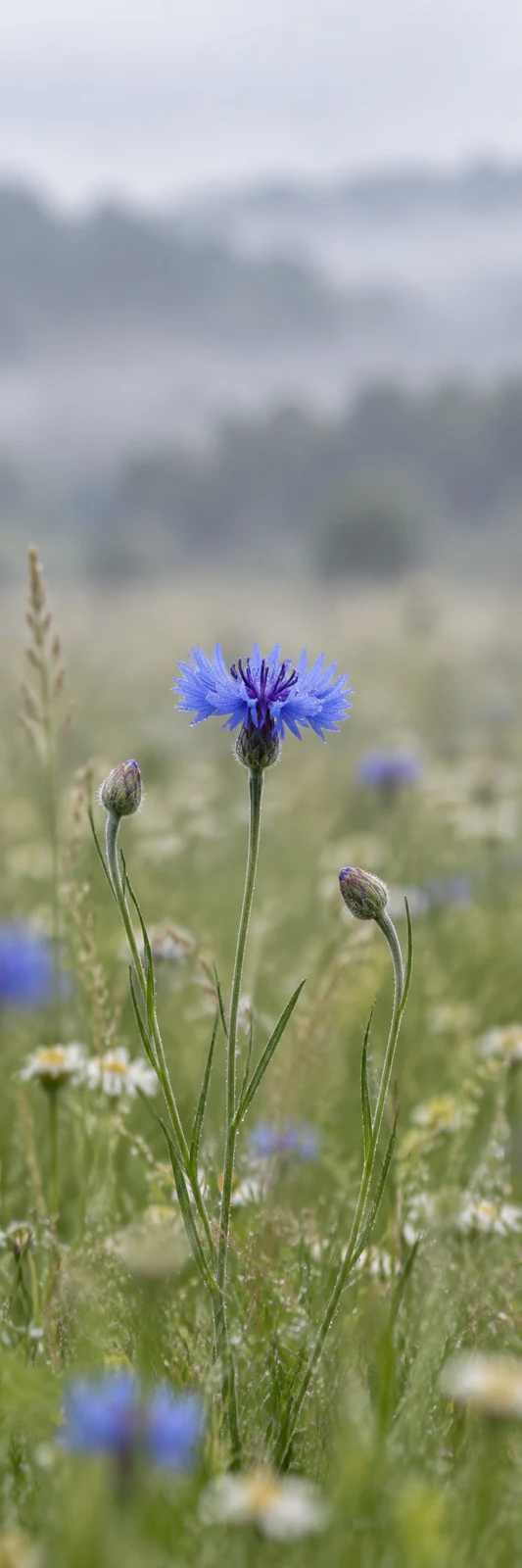 A blue cornflower in bloom rises on a slender stem between two closed buds in a meadow, with pale grasses and small blue and cream flowers softly blurred…