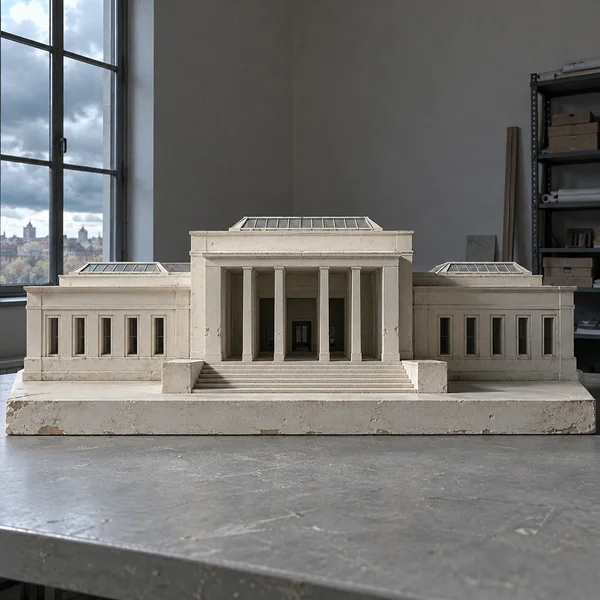 An off-white plaster architectural model of a civic museum sits on a chipped rectangular base on a gray worktable.
