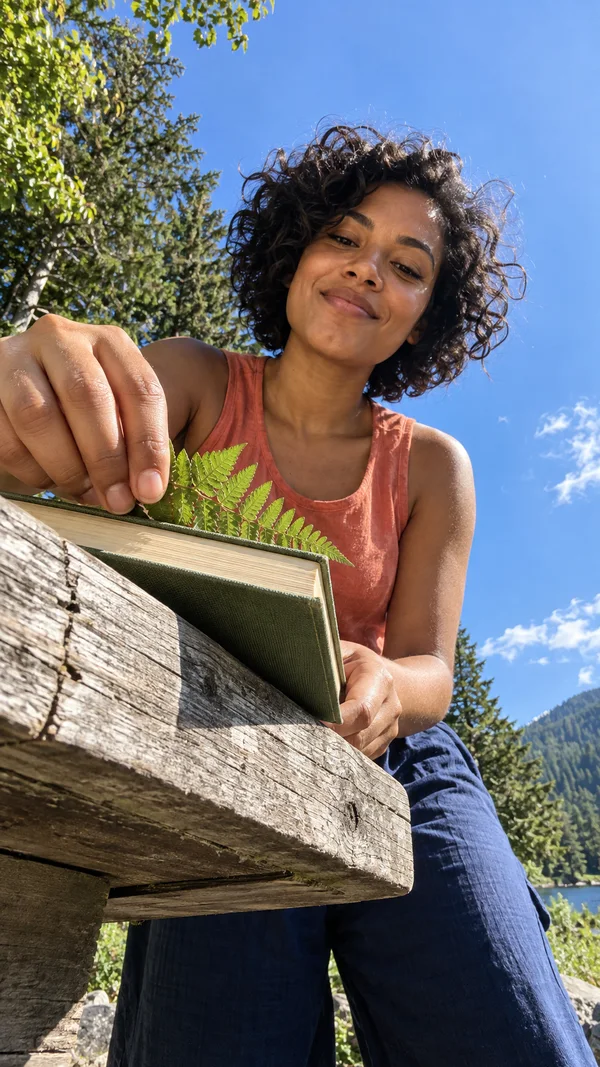A woman with short dark curls leans over a weathered wooden picnic table in bright sunshine, placing a fern frond into a green clothbound book against a…