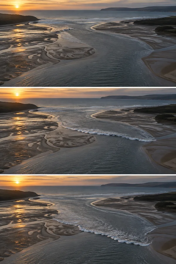 Three stacked aerial views show a broad estuary at sunset, with a white tidal-bore crest advancing along the winding channel between exposed mudbanks toward…