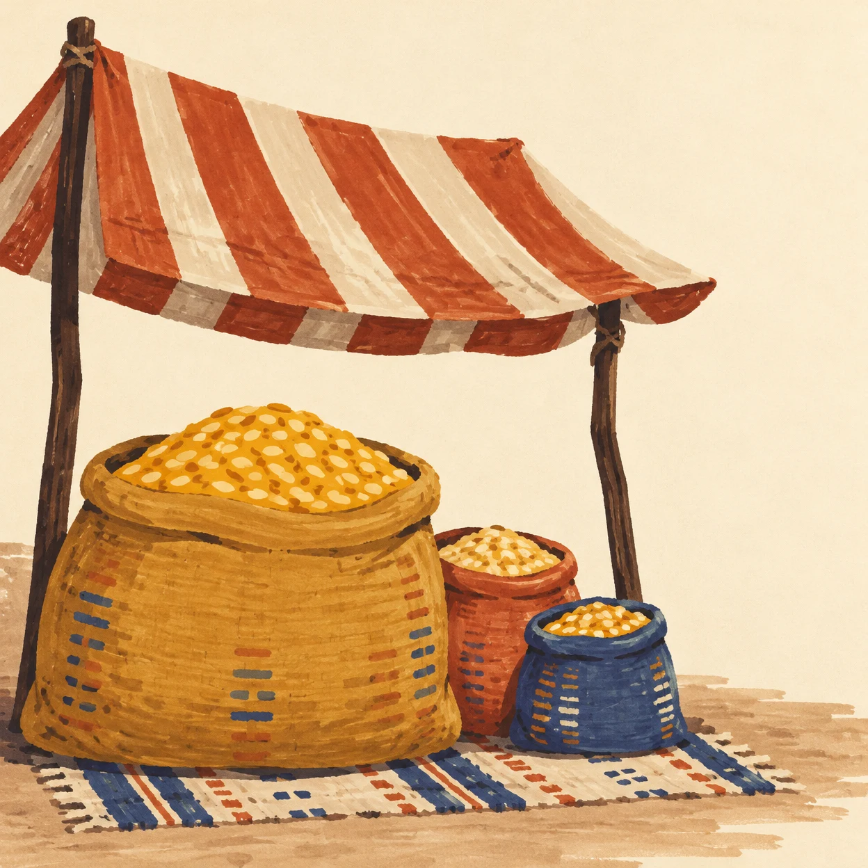 A hand-drawn grain stall with a large ochre sack and two smaller red and indigo sacks beneath a rust-and-cream striped canopy, set on a patterned ground…