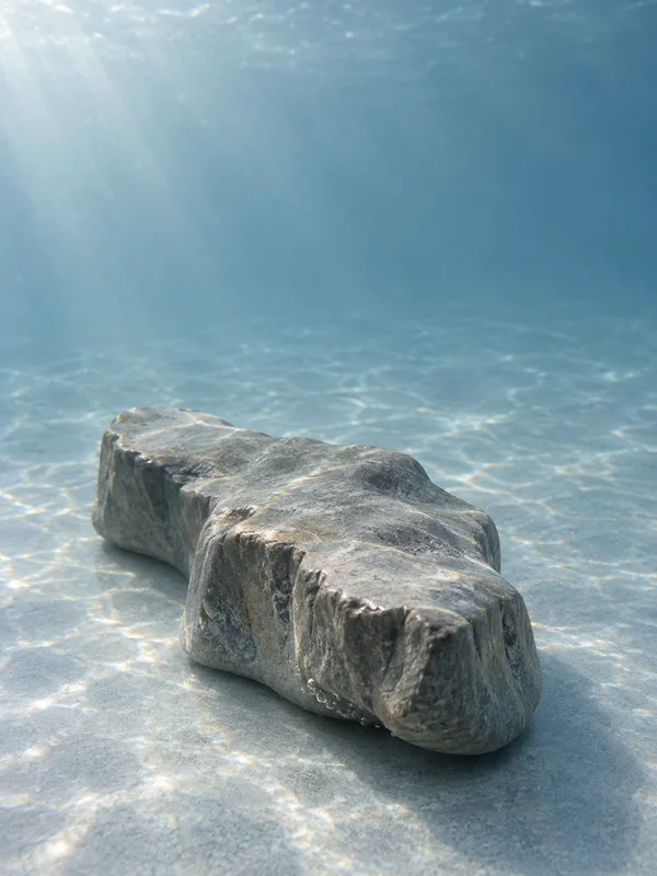 A rough grey, headland-shaped object rests on a pale underwater floor beneath blue water, with rippling light patterns and small bubbles clinging along its…