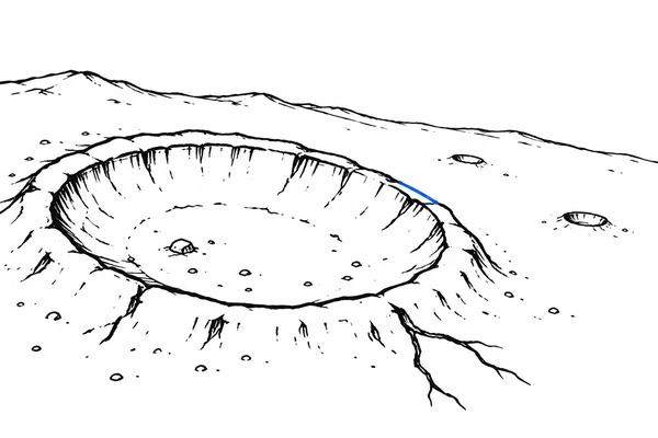 A large hand-drawn lunar crater with a recessed oval basin and raised, irregular rim sits in a bare white landscape.