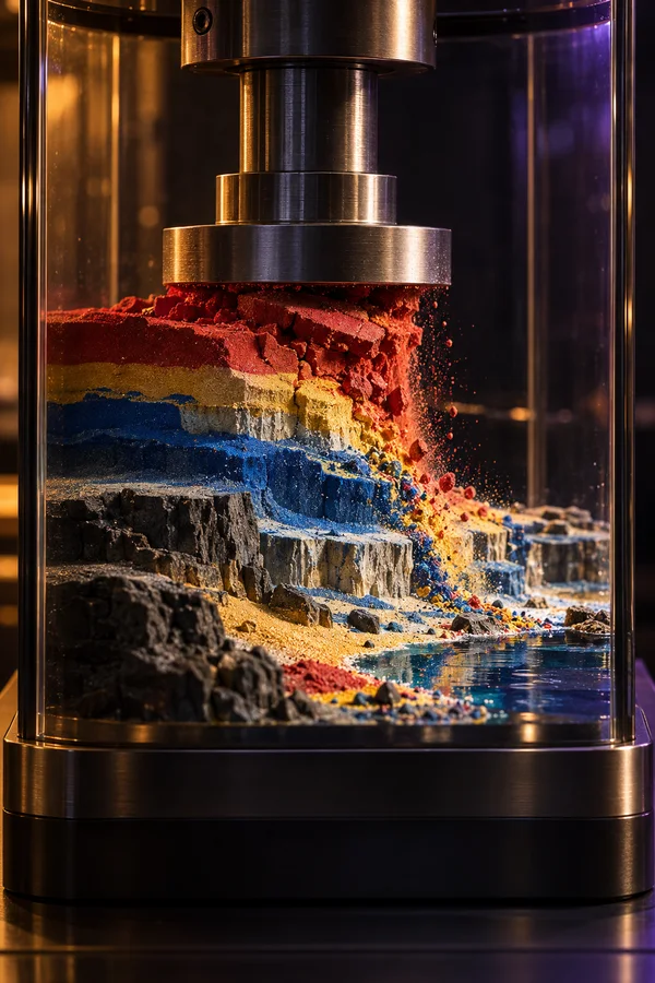 A large brushed-metal press bears down on a miniature coastline of red, yellow, blue, and dark layered material inside a glass chamber.