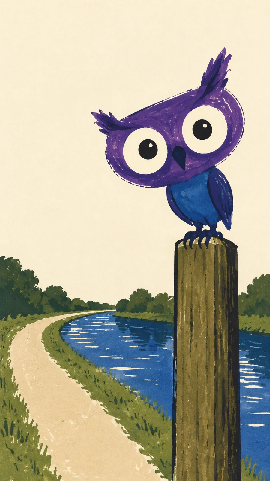 A large violet owl with uneven tufts and oversized cream eyes perches on a tall wooden post beside a curving canal towpath, with blue water and dense green…