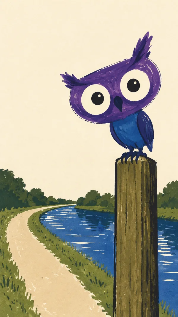 A large violet owl with uneven tufts and oversized cream eyes perches on a tall wooden post beside a curving canal towpath, with blue water and dense green…