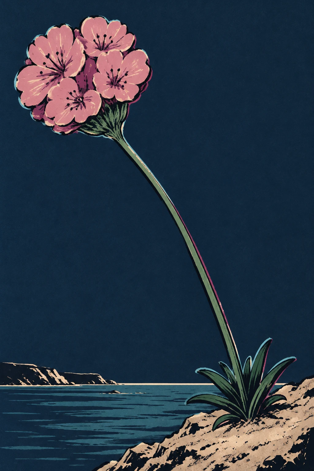 A long, curved green stem rises from a tuft of leaves on a sandy coastal shelf, carrying a large cluster of pink flowers against a dark blue sky above the…