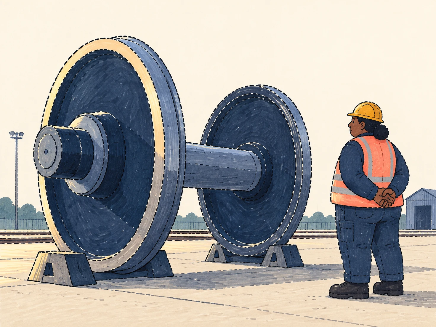 A large detached steel railway wheelset rests on support blocks in an outdoor depot, while a person in an ochre hard hat, coral safety vest and dark trousers…