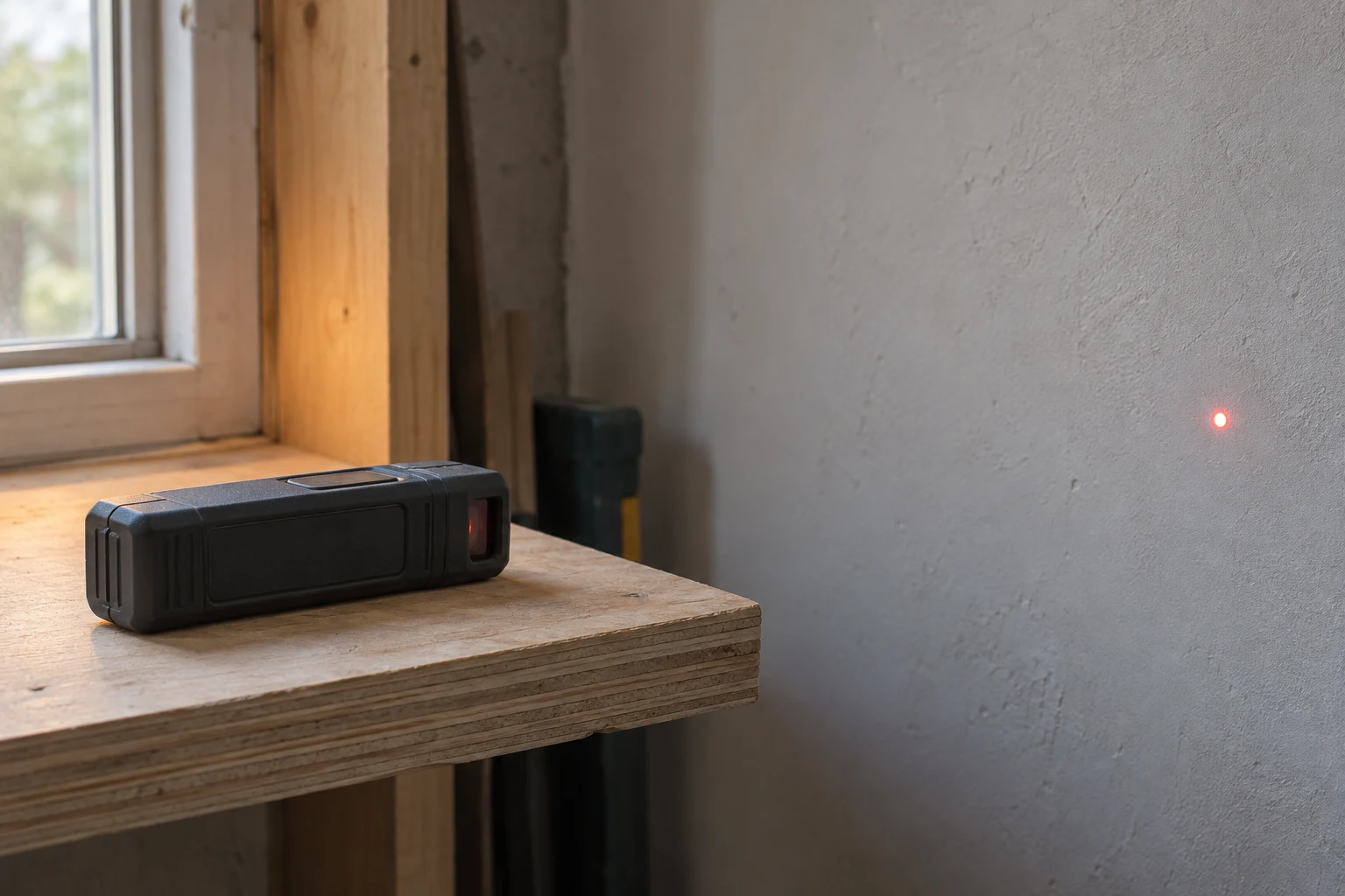 A compact charcoal-grey laser measure rests on a layered plywood ledge in an unfinished workshop, aimed toward a pale plaster wall where a small red dot is…