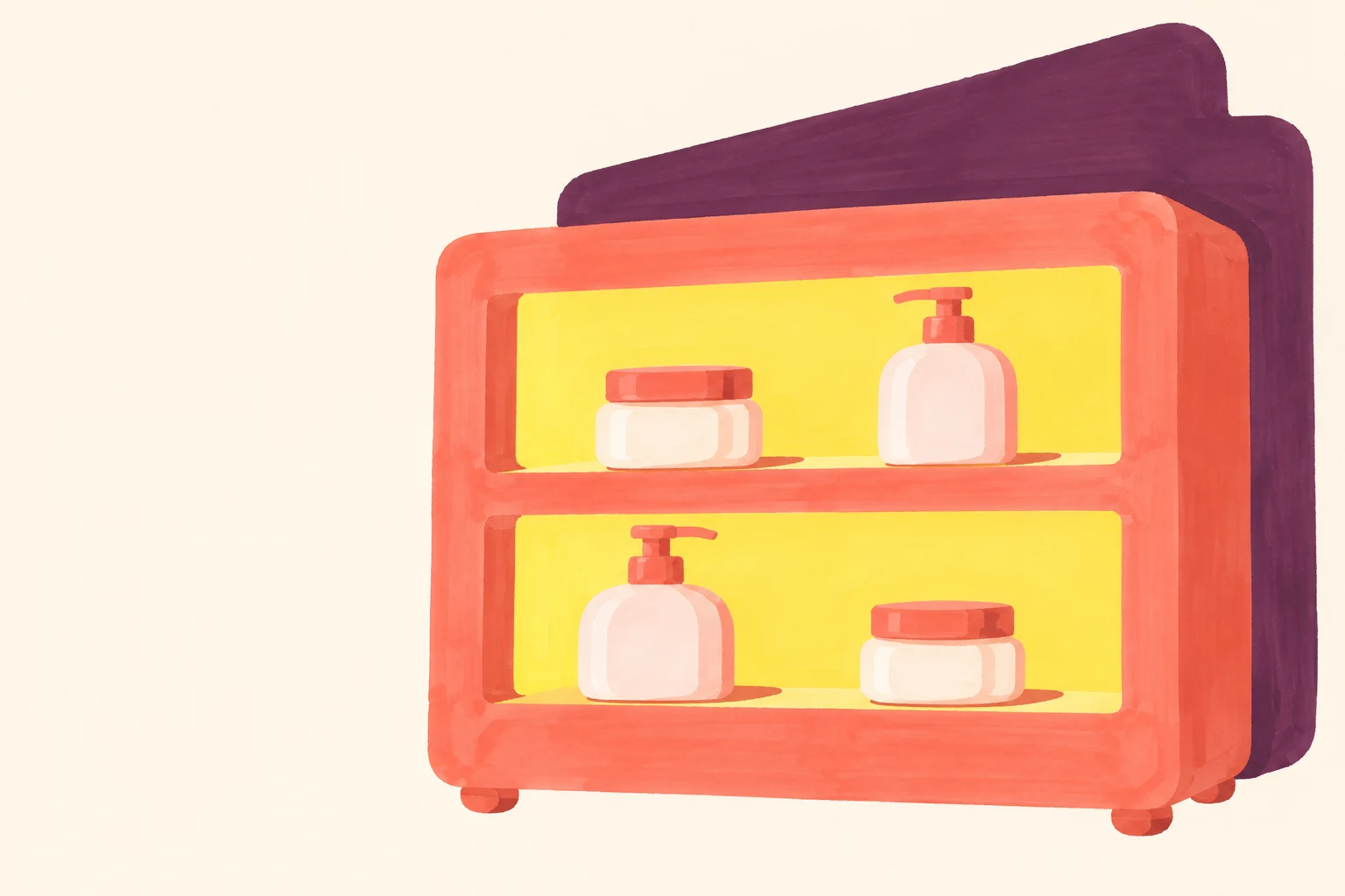 A wide coral beauty shelf with two yellow-lit openings holds two squat cream jars and two pump bottles.